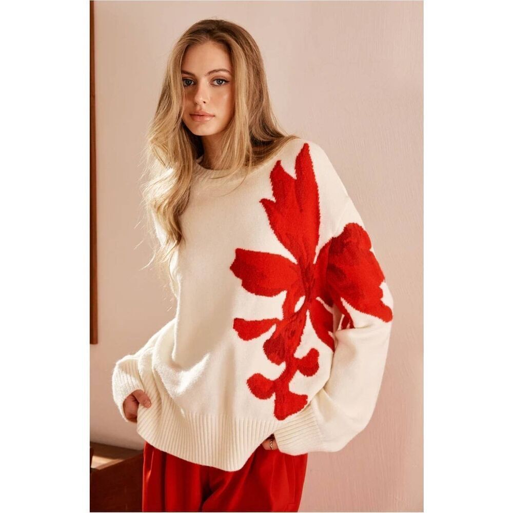 Commense Jacquard Sweater Womens Medium Oversized Chic Style Floral - Picture 1 of 6